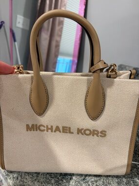 MICHAEL KORS Cream Canvas Tote with Tan Leather Trim and Gold Hardware